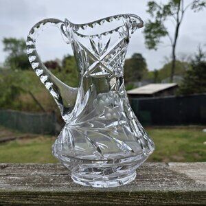 Etched Heavy Cut Crystal Pitcher Decanter Handle Floral Motif